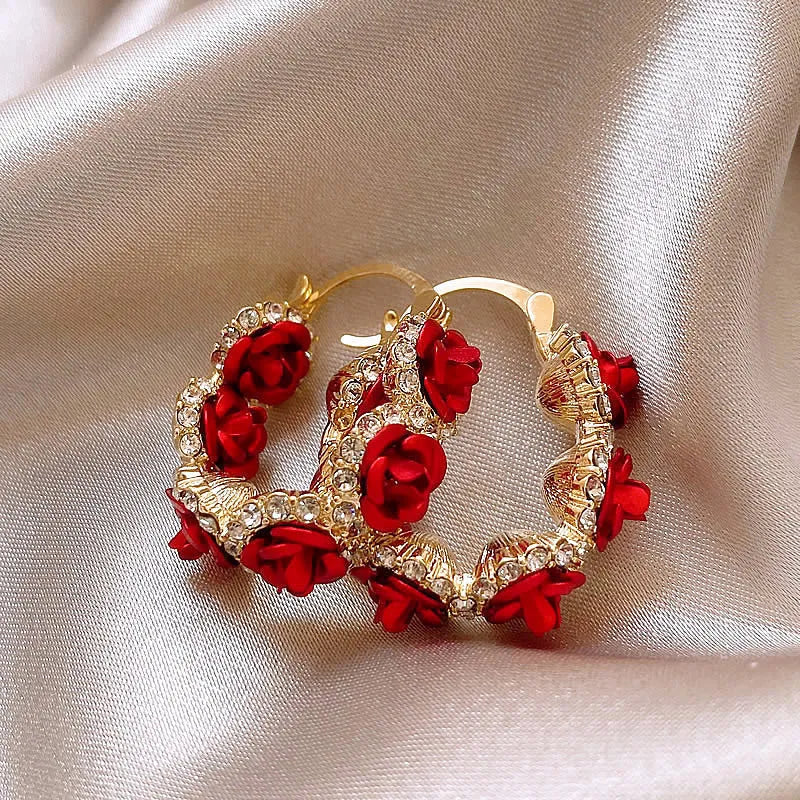 Red rose pattern alloy clip earrings with floral design for non-pierced wear