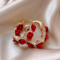 Red rose pattern alloy clip earrings with floral design for non-pierced wear