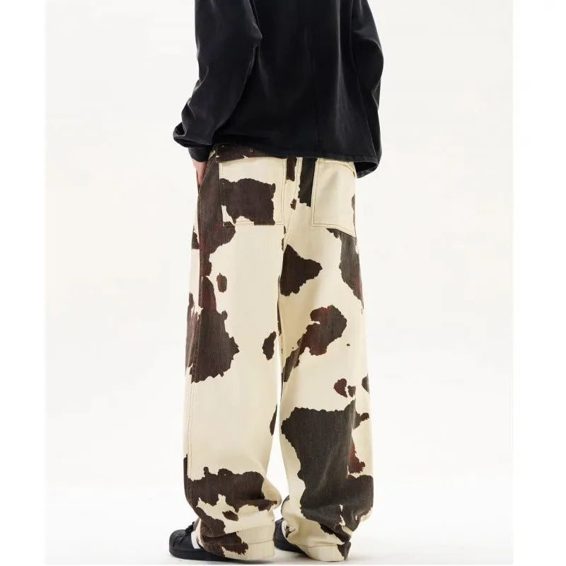 Men's American retro cow pattern straight-leg trousers in 7698 colour with button cardigan opening
