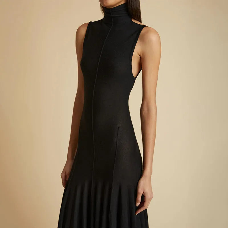 Grey slim-fit cotton dress with backless design and half turtleneck neckline.