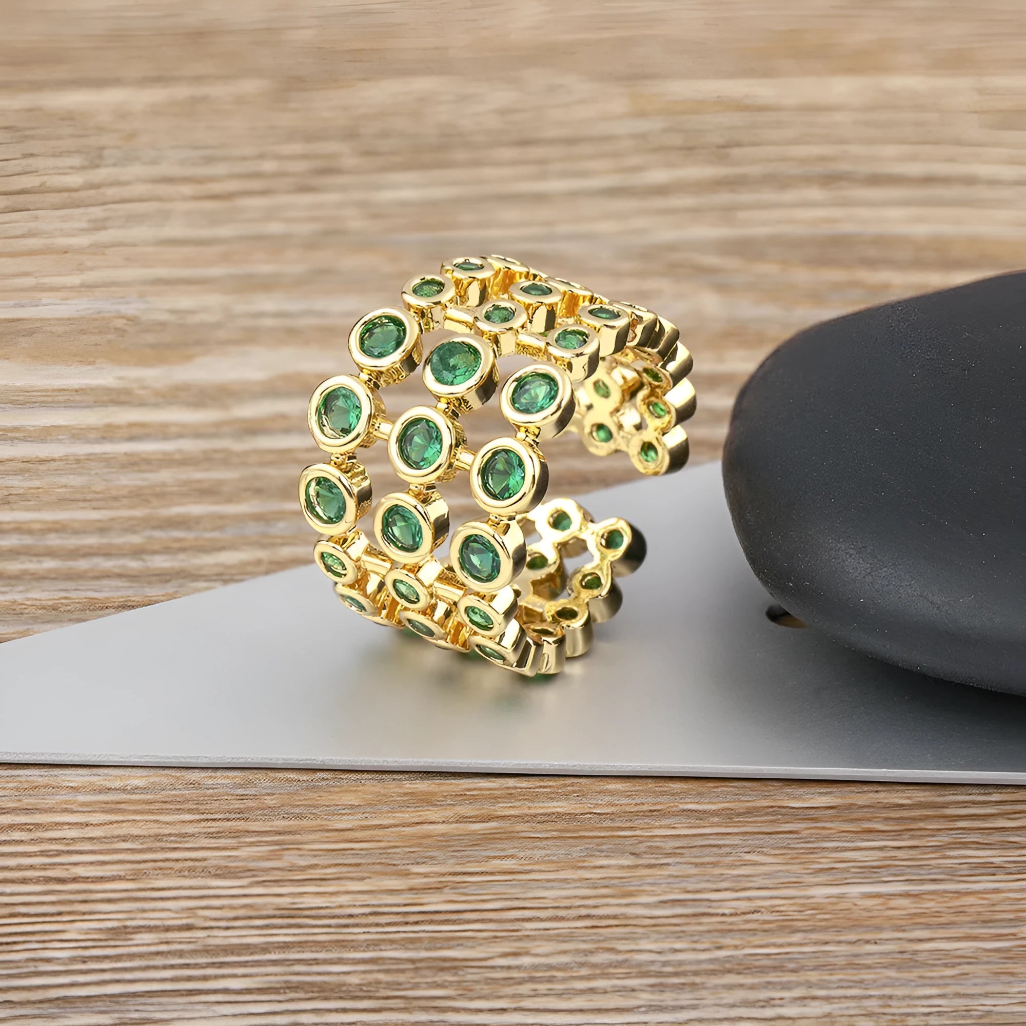 Gold plated copper three-layer ring with green colour and zircon detailing