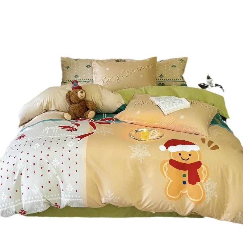 Christmas cartoon printed duvet cover and pillowcase set on a bed, showing Gingerbread Man or Tinker Bell design.