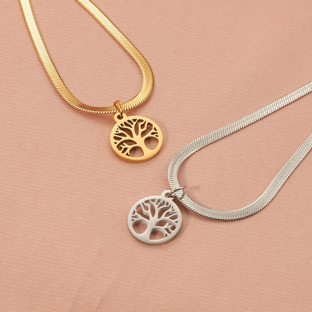 Stainless steel lucky tree pendant necklace on snake bones chain, adjustable 51-60cm length