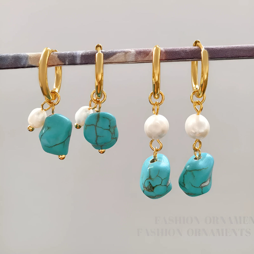 Geometric turquoise and cultured pearl drop earrings and short earrings set on copper base.