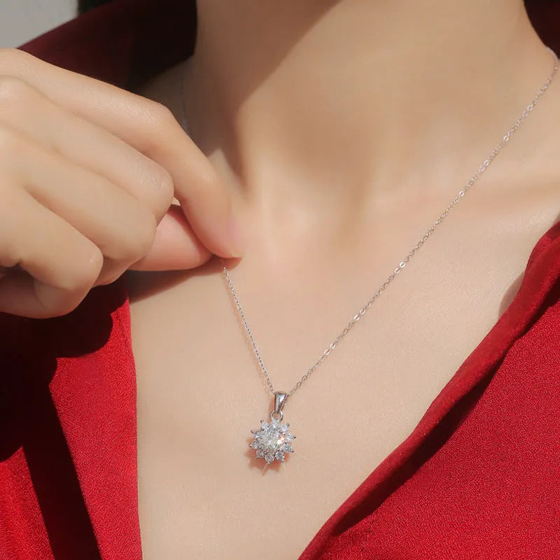 925 silver moissanite necklace with flower-shaped pendant and adjustable chain for women