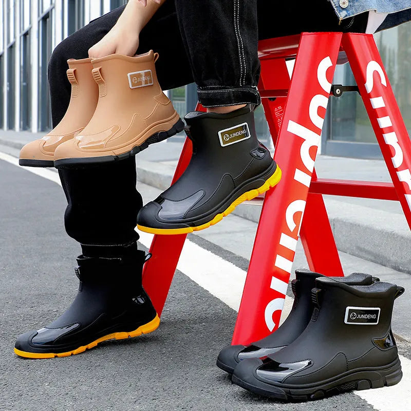 Adult low-cut waterproof wellington boots in PVC with an integrated moulded sole, shown in khaki colour.