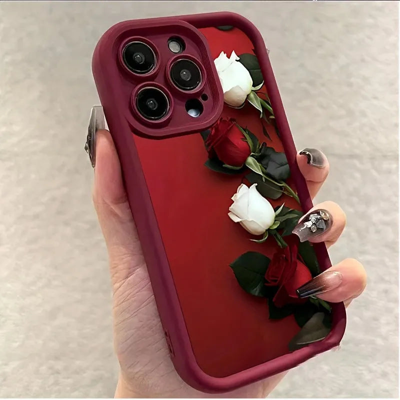 Wine red iPhone case with white rose print and frosted TPU soft shell