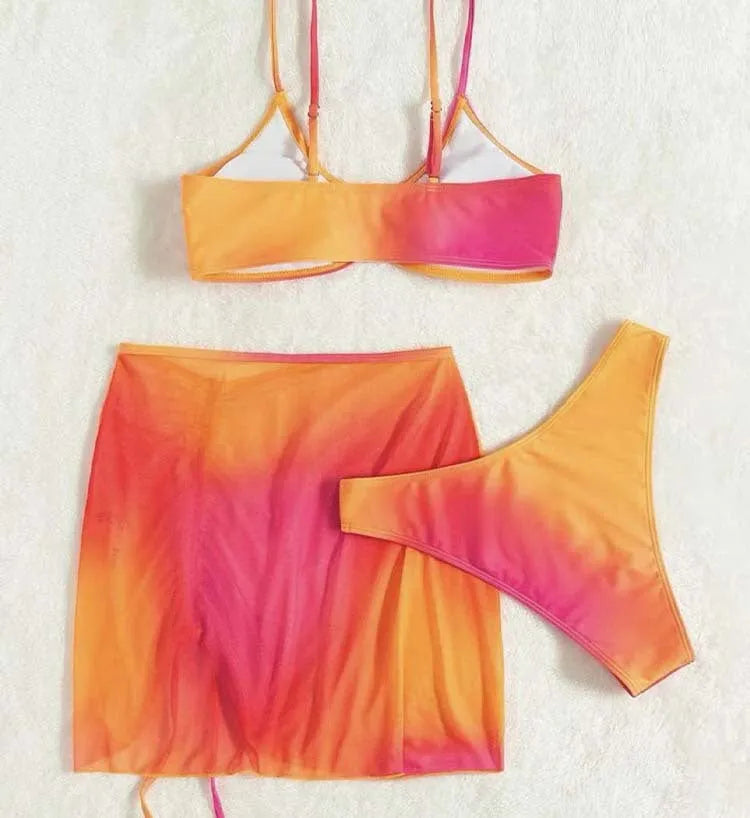Women's orange and purple gradient print swimsuit with hollow suspender and loop buckles