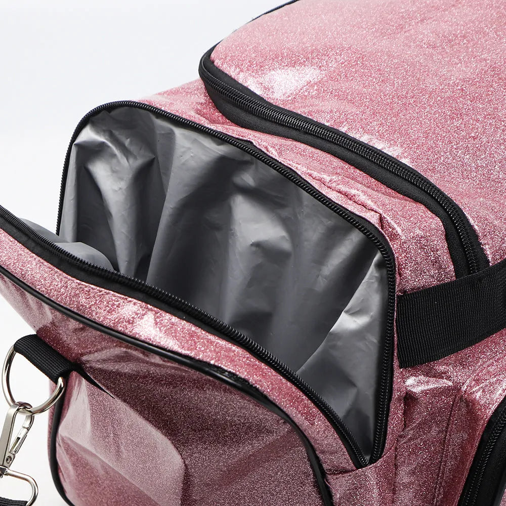 PU leather sports handbag in silver colour showing large capacity interior and organisational compartments