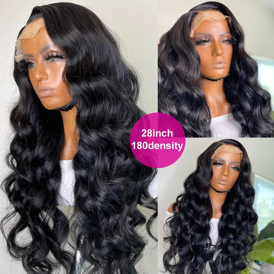 Black synthetic long curly wig with front lace cap and side bangs on a display head.