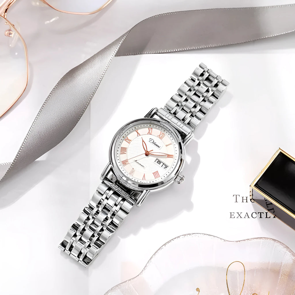 Women's automatic mechanical watch with steel case and choice of steel bracelet or coloured leather strap.