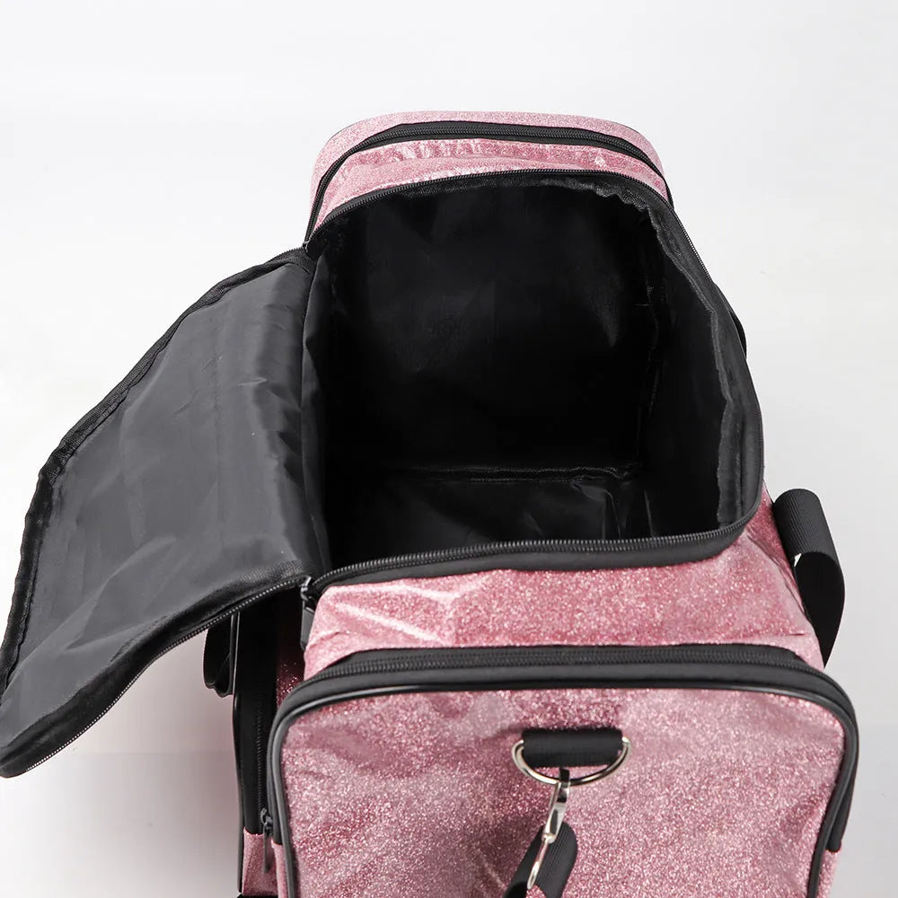PU leather sports handbag in silver colour showing large capacity interior and organisational compartments
