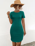 Women's slim fit solid colour dress with a U-shaped neckline and split hem detail.