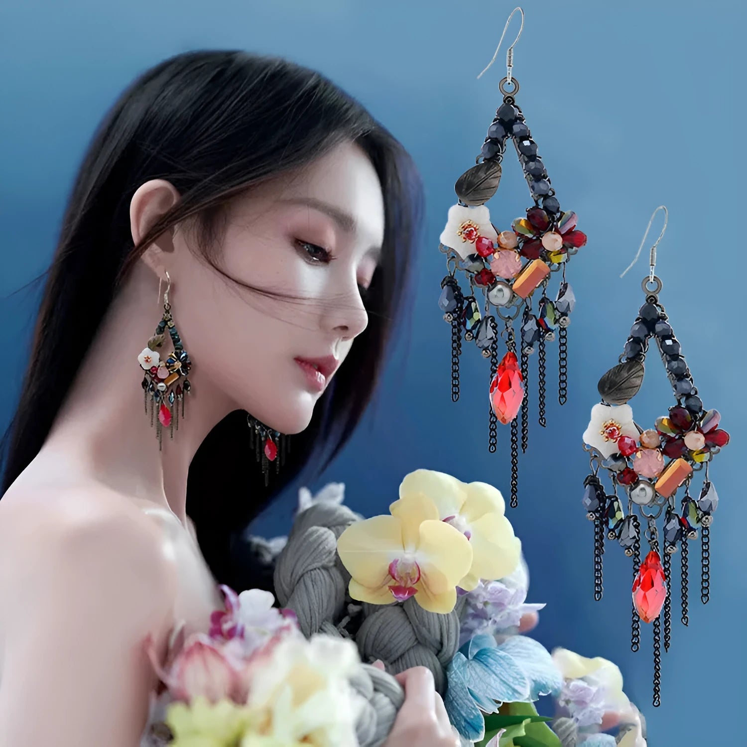 Long bohemian-style women's earrings with hand-woven artificial crystal in a diamond shape.