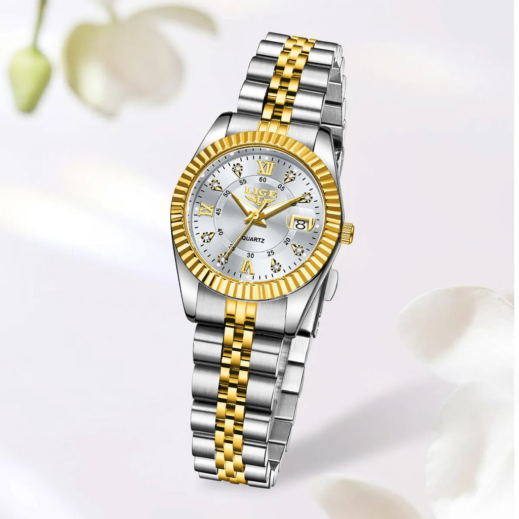 Waterproof quartz fashion watch for women in a choice of nine colour combinations with a slim case.