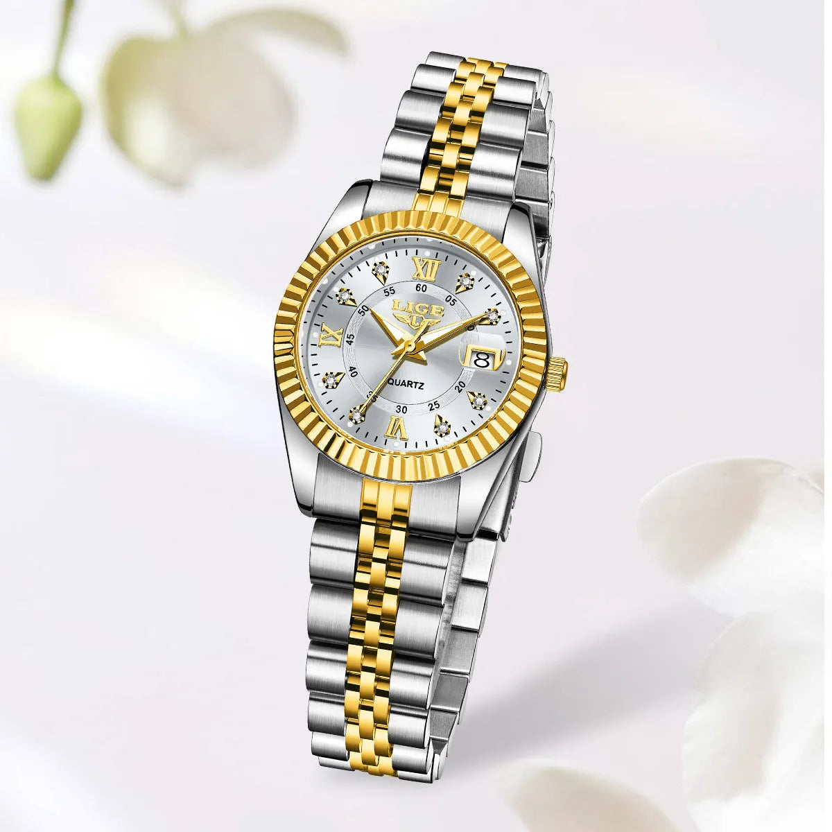Waterproof quartz fashion watch for women in a choice of nine colour combinations with a slim case.