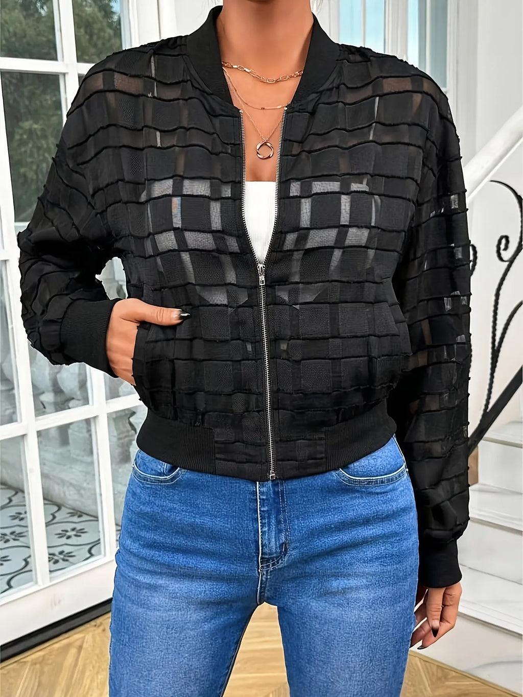 Black women's casual jacket with geometric pattern and thread zipper in semi-transparent polyester