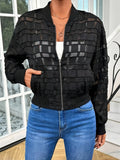 Black women's casual jacket with geometric pattern and thread zipper in semi-transparent polyester