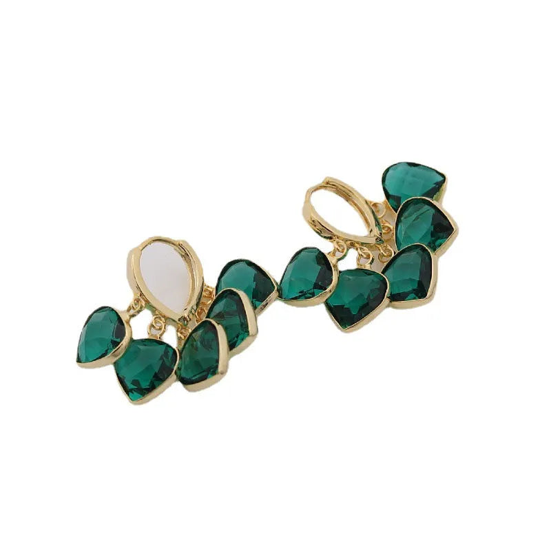 Korean style green heart pendant glass ear clip earrings with copper alloy construction