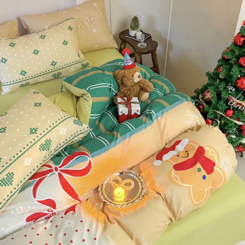 Christmas cartoon printed duvet cover and pillowcase set on a bed, showing Gingerbread Man or Tinker Bell design.