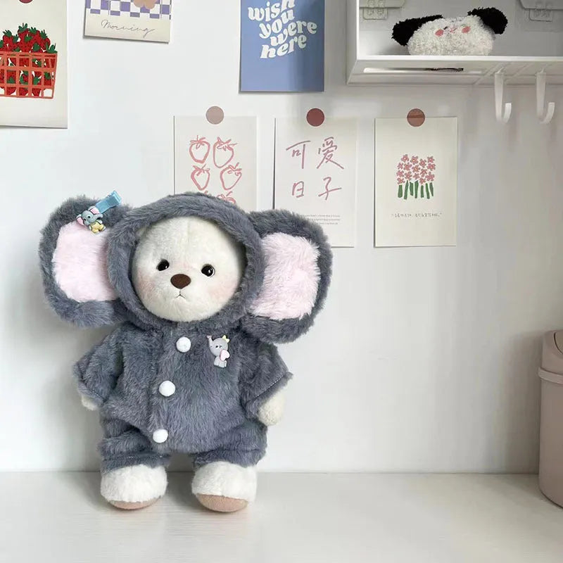 Grey elephant print plush jumpsuit for dressing a 30cm tall teddy bear or Lina bear doll.