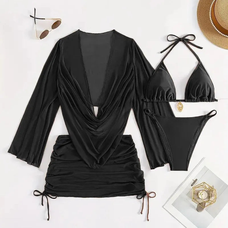 Dark brown women's lace-up bikini swimsuit set with sleeveless blouse and briefs.