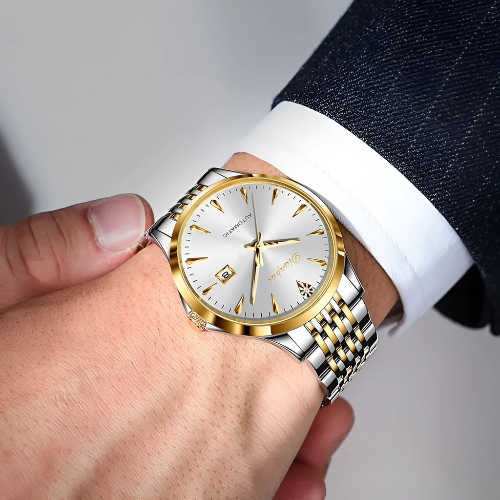 Men's simple dial automatic watch with stainless steel strap on wrist, showing golden black colour variant.
