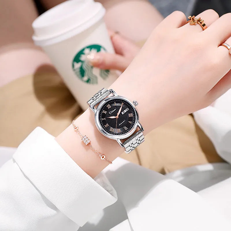 Women's automatic mechanical watch with steel case and choice of steel bracelet or coloured leather strap.