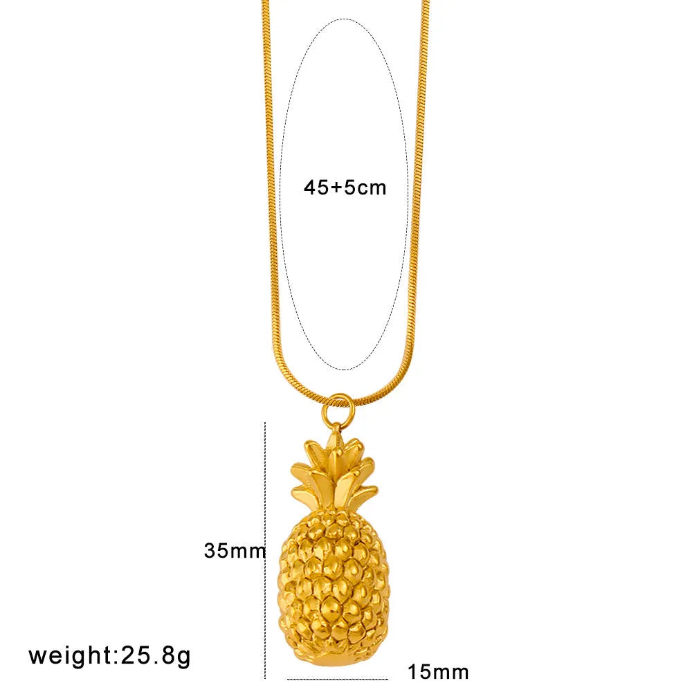 Set of six stainless steel fruit pendant necklaces showing apple, grape, watermelon, pineapple, strawberry, and banana charms on a silver chain.