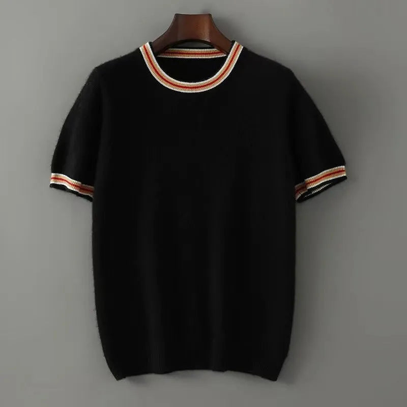 Men's short sleeve round neck wool sweater in grey on a hanger