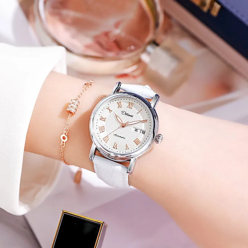 Women's automatic mechanical watch with steel case and choice of steel bracelet or coloured leather strap.