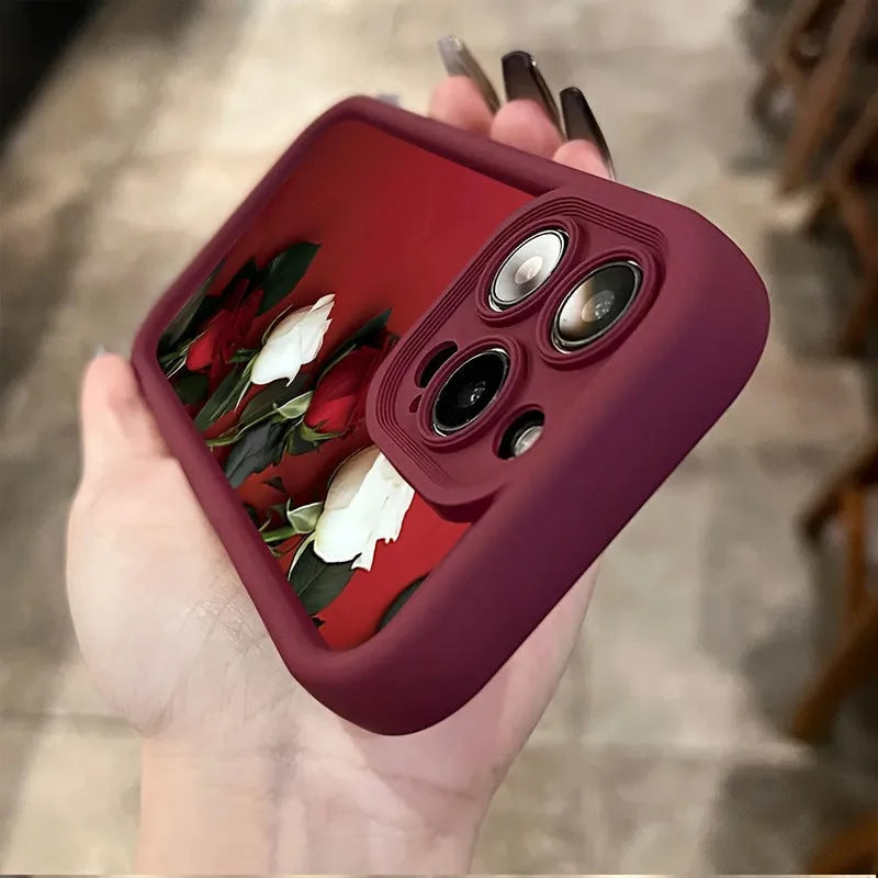 Wine red iPhone case with white rose print and frosted TPU soft shell