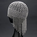 Handmade beaded belly dance hat hair ornament with decorative mesh and tassel in silver or black