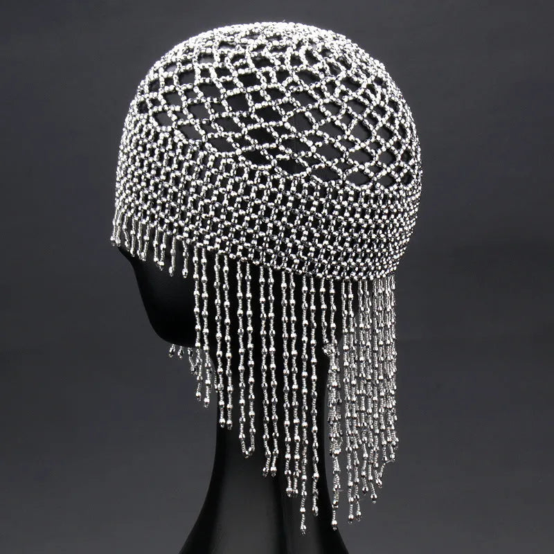 Handmade beaded belly dance hat hair ornament with decorative mesh and tassel in silver or black