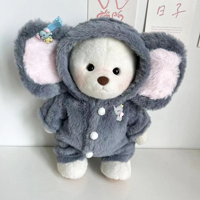 Grey elephant print plush jumpsuit for dressing a 30cm tall teddy bear or Lina bear doll.