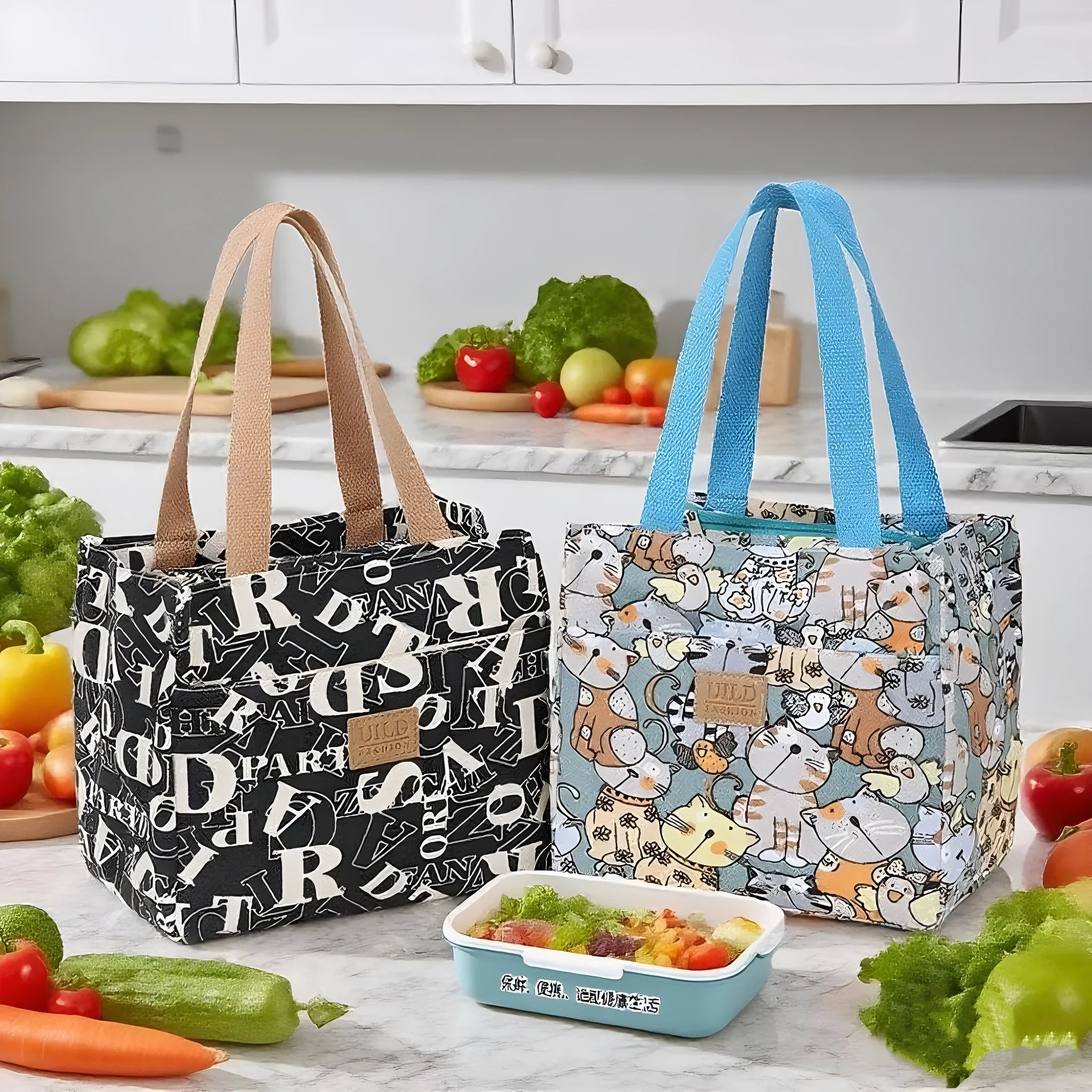 Women's printed canvas tote bag with aluminium handles in a floral or cat design.