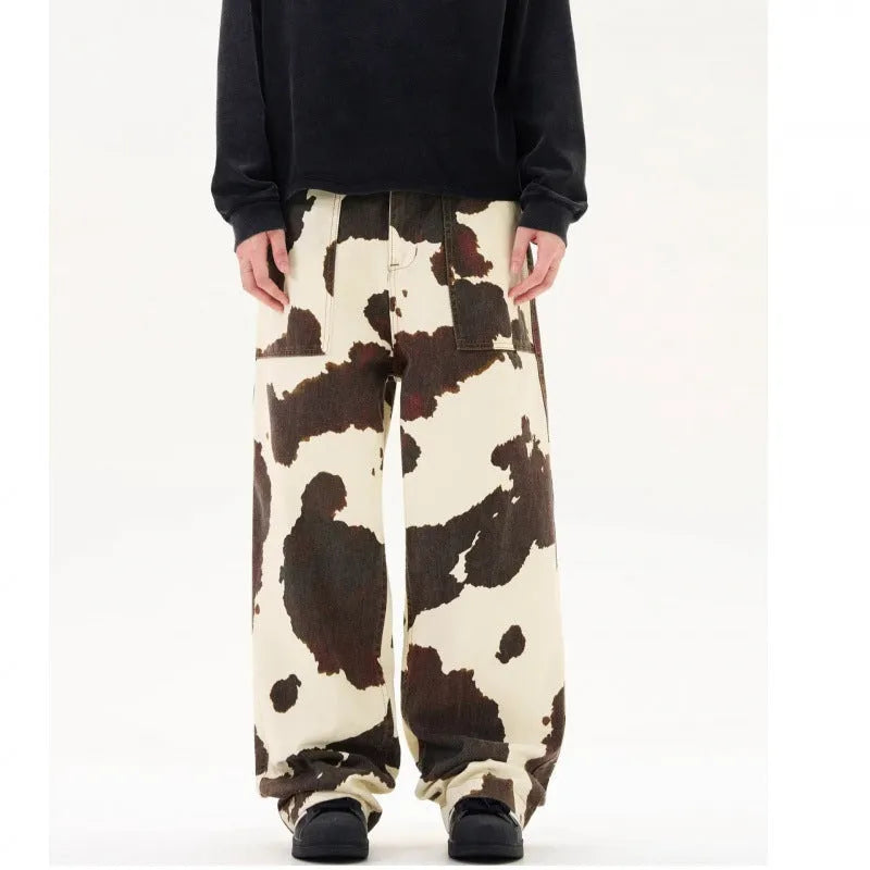 Men's American retro cow pattern straight-leg trousers in 7698 colour with button cardigan opening