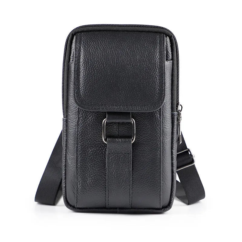 Genuine leather men's vertical square crossbody waist bag with a lock.