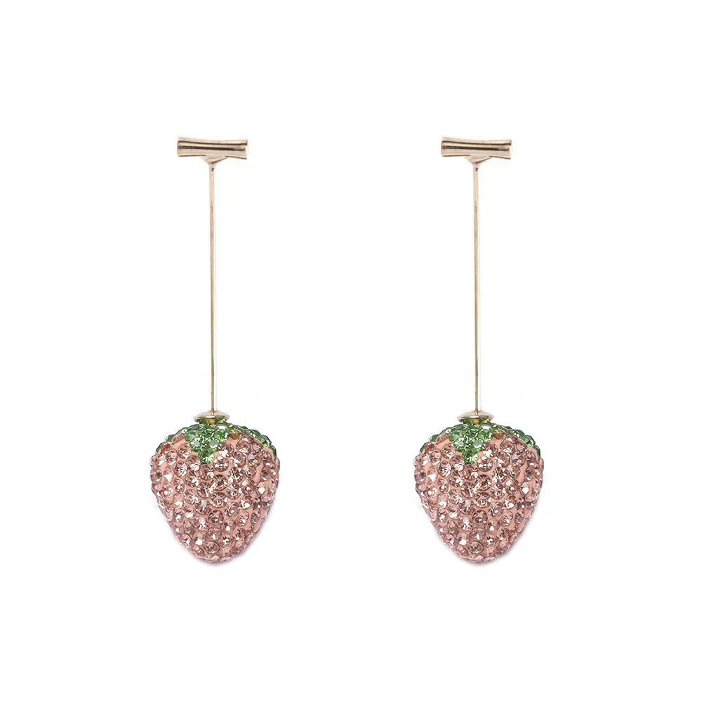Geometric strawberry-shaped zinc alloy earrings with spot-drill texture, shown in red, on a white background.