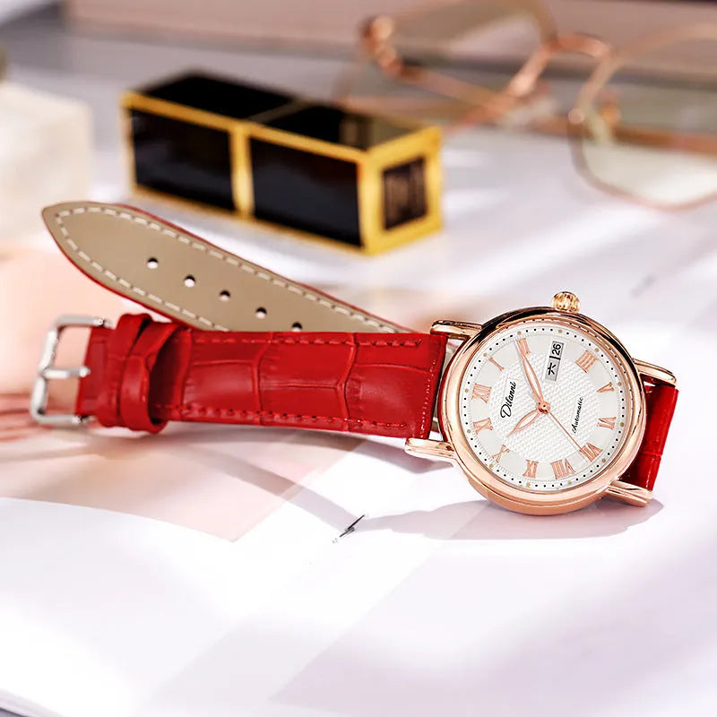 Women's automatic mechanical watch with steel case and choice of steel bracelet or coloured leather strap.