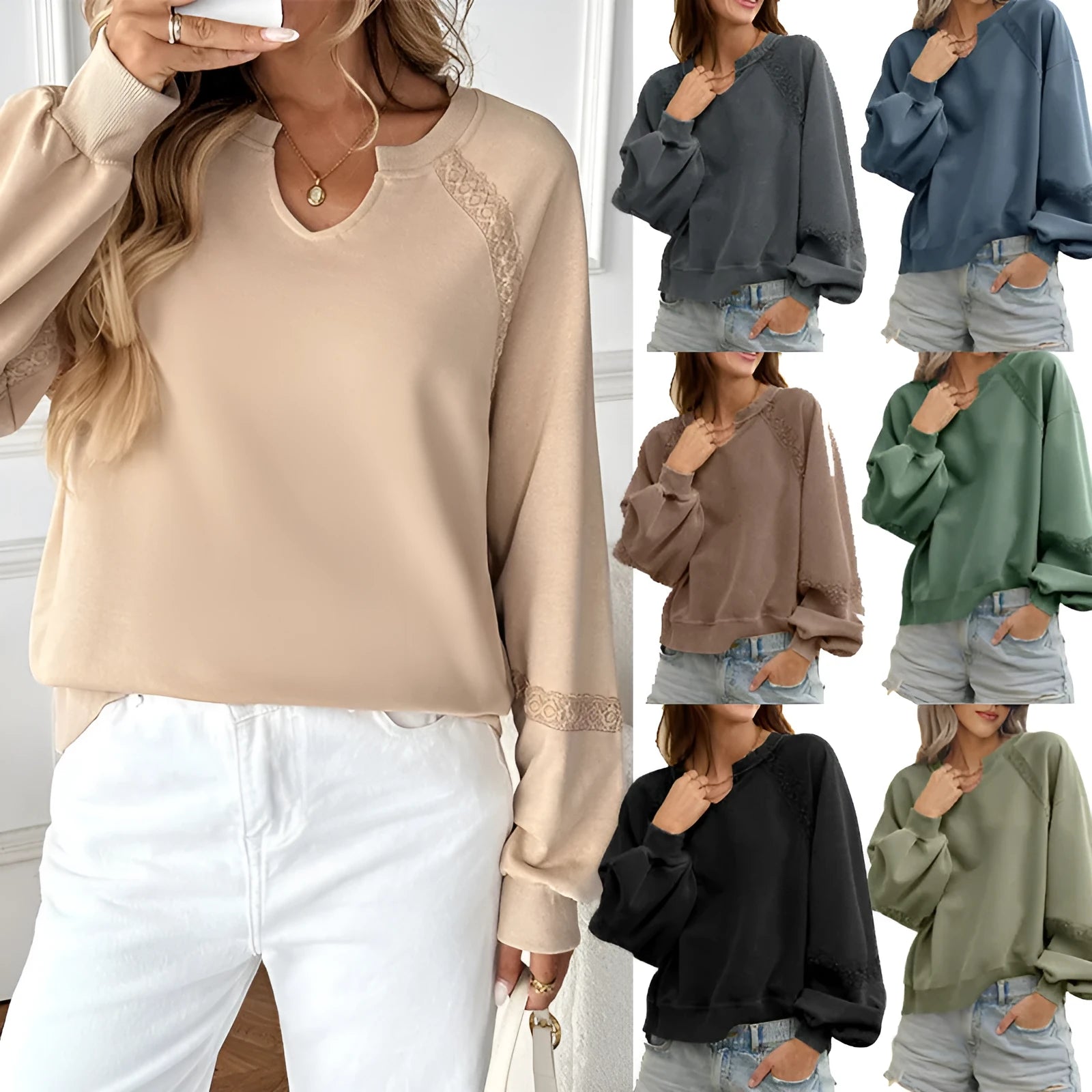 Women's loose fit long sleeve sweater with half-open lace collar in solid colour option