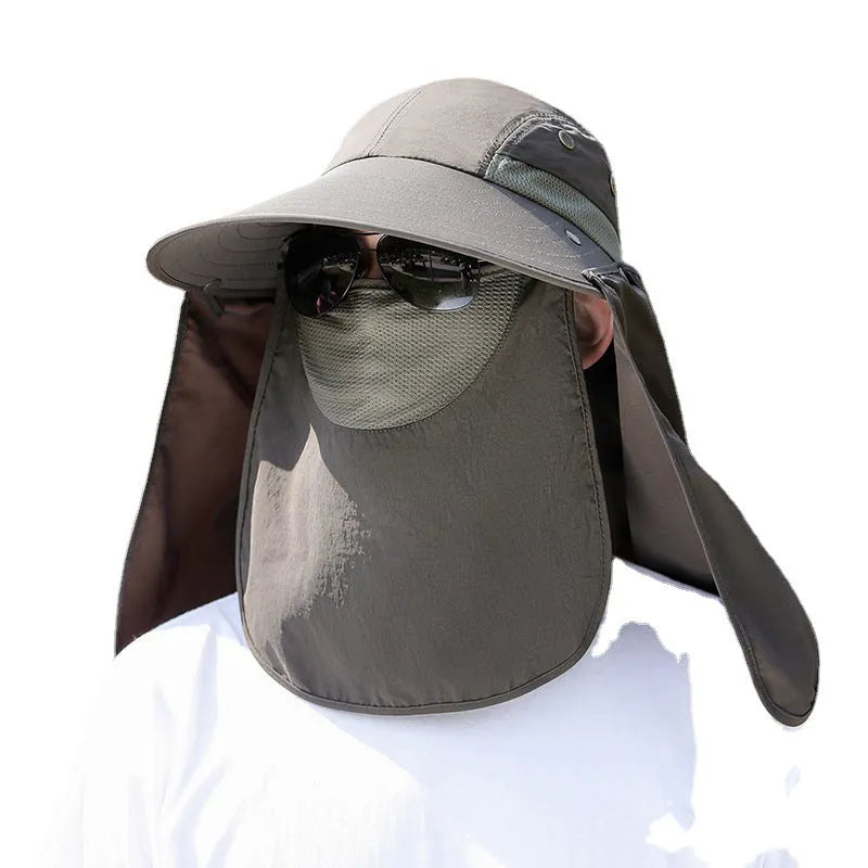 Man's khaki sun hat with wide brim, neck cover, and a visible USB fan module on the front.