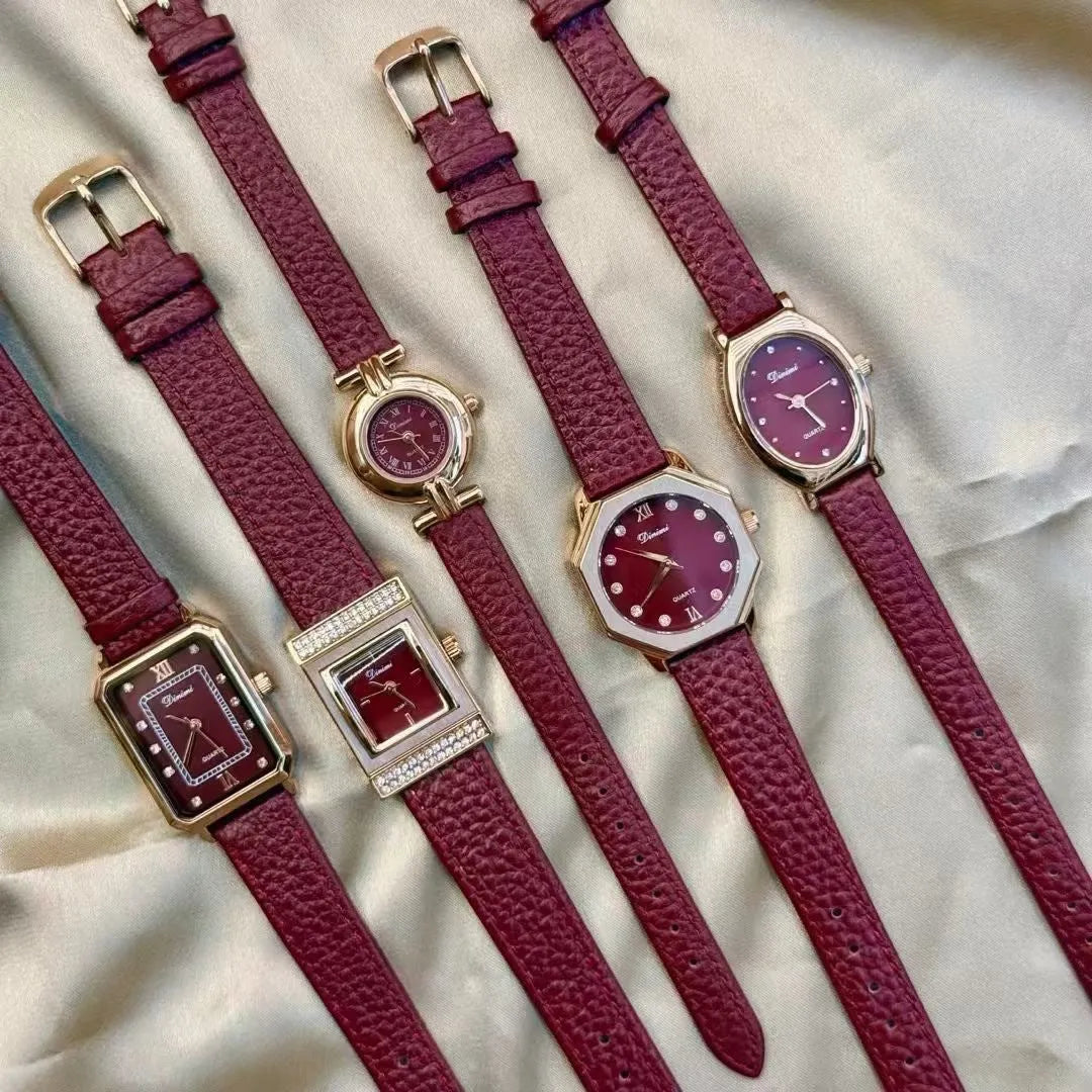 Chinese style red alloy women's wristwatch with a decorative dial on a 8mm thick case.