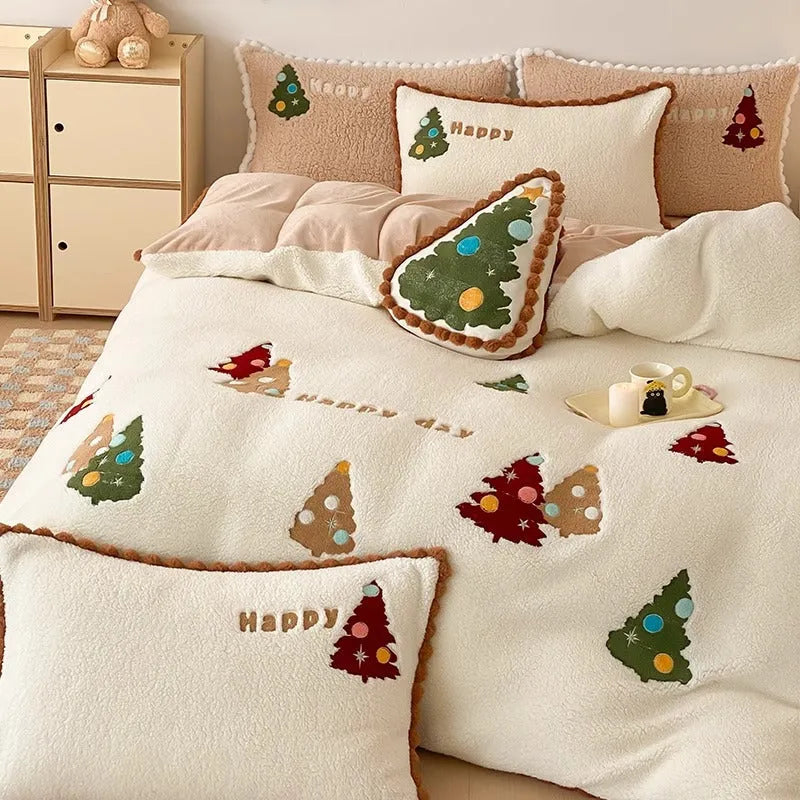 Bright yellow fleece-lined bedding set with cartoon Christmas tree embroidery on duvet cover and pillowcases.
