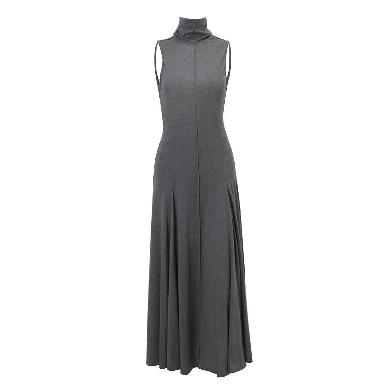 Grey slim-fit cotton dress with backless design and half turtleneck neckline.