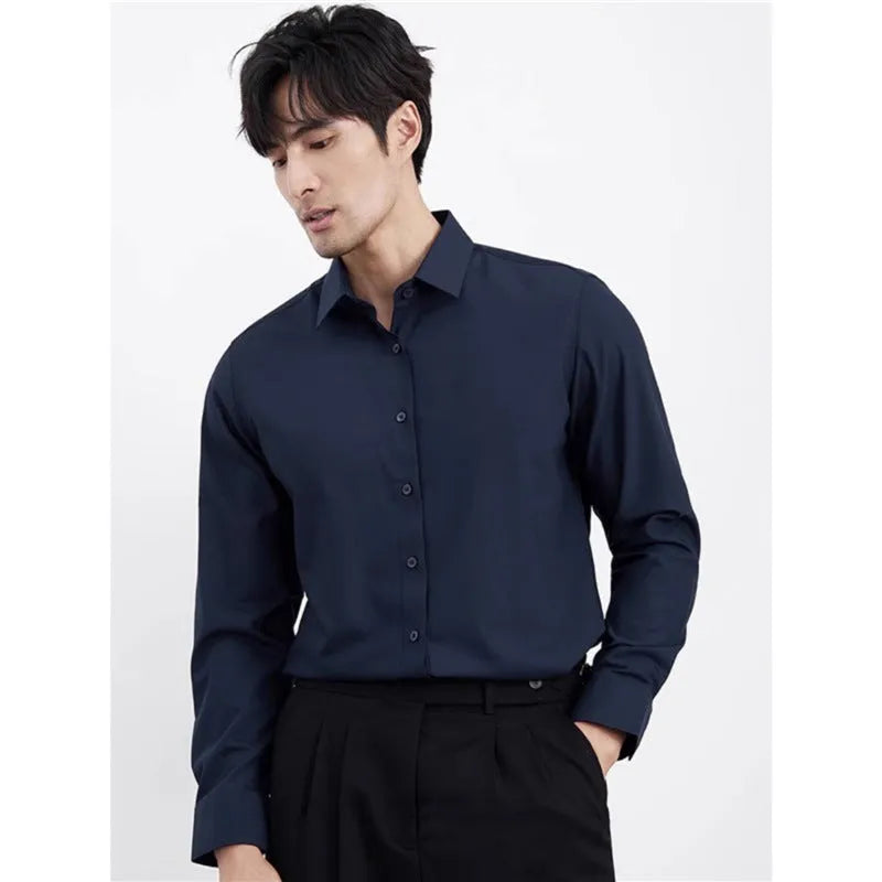 Men's wine red slim fit long sleeve shirt with non-iron fabric on a hanger