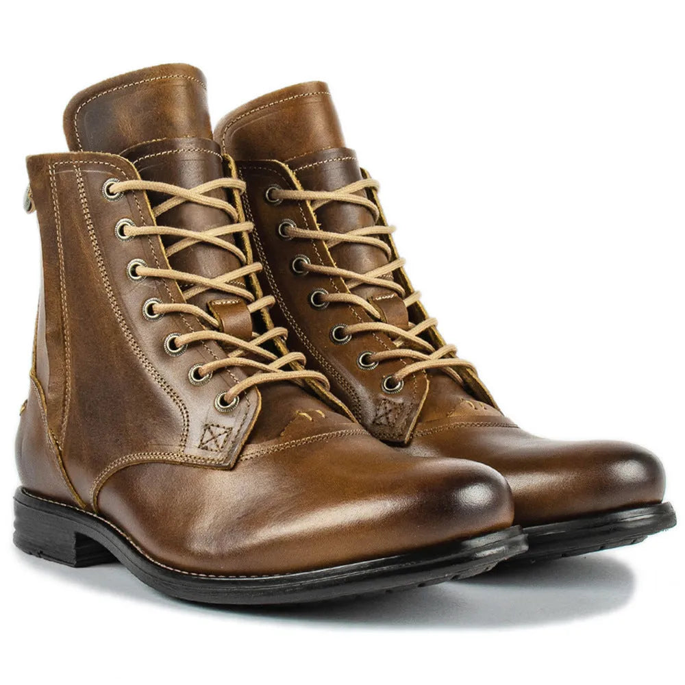 Men's brown and black two-tone leather boots with a side zipper from the Knight Series.
