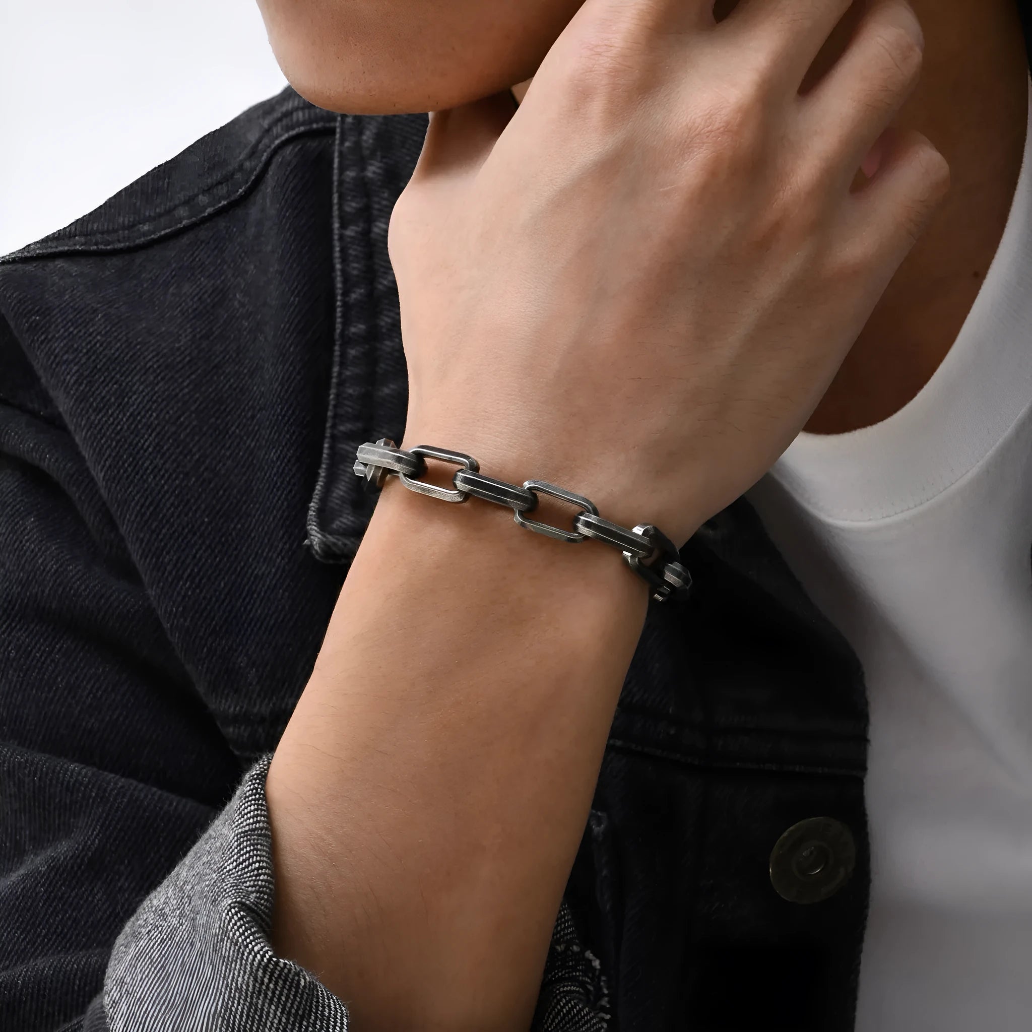 Titanium steel men's bracelet with simple square chain links in various colours.