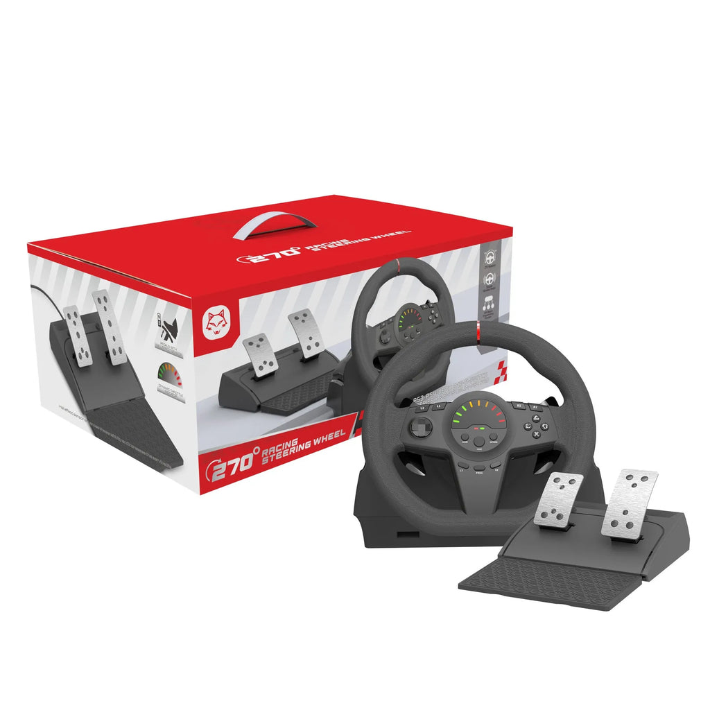 Black multi-platform game steering wheel with two pedals and paddle shifters on a desk.
