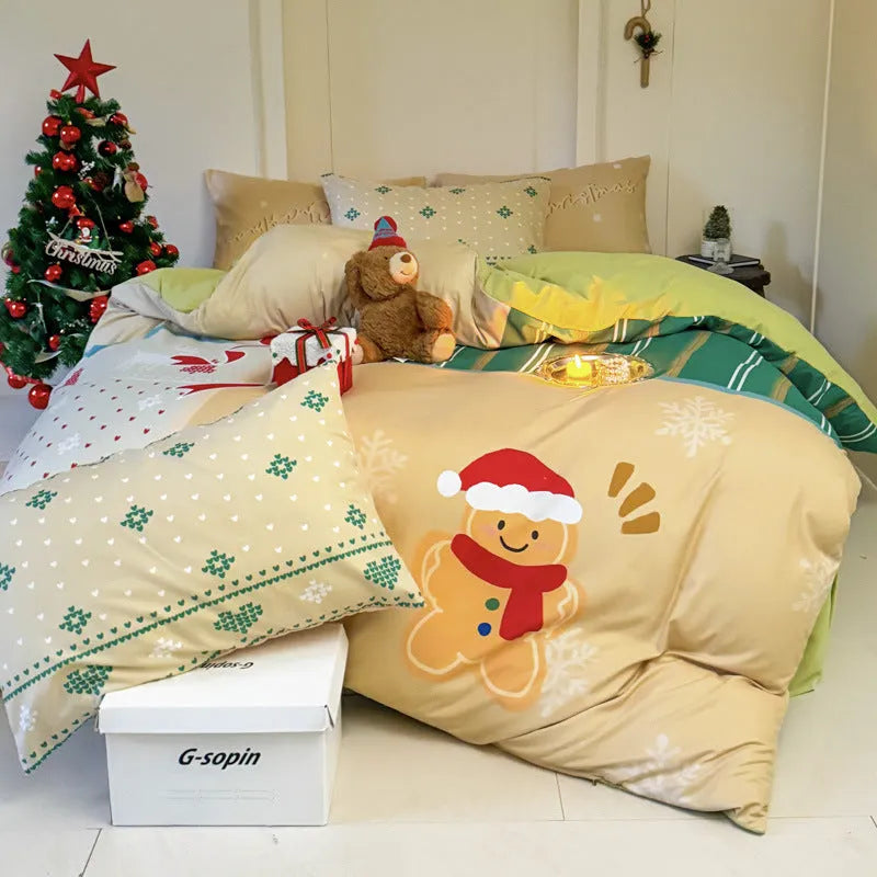 Christmas cartoon printed duvet cover and pillowcase set on a bed, showing Gingerbread Man or Tinker Bell design.